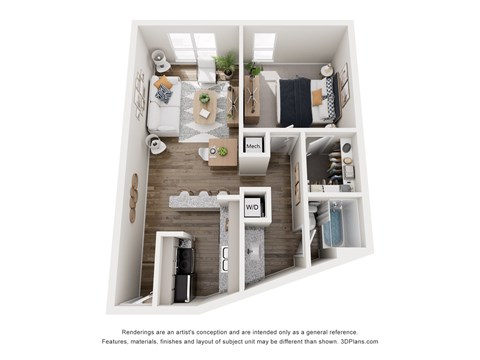 Floor plan for 1 bed, 1 bath, 680 sqft